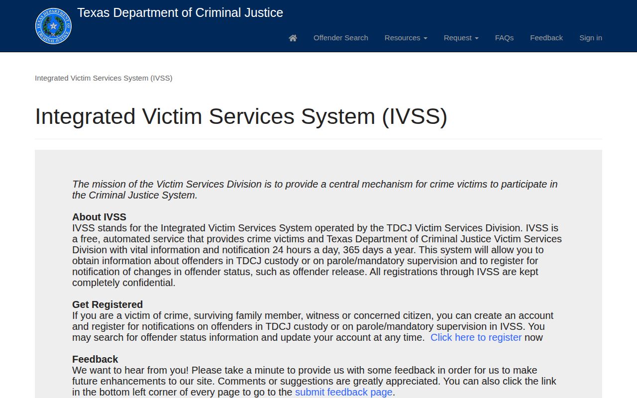 Texas TDCJ IVSS offender status and notification portal
